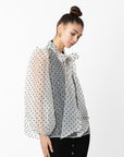 White color Oversized Organza shirt in polka dot print with bow design