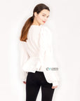 White Frill sleeves blouse bow tie up front with mesh hem