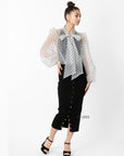 White color Oversized Organza shirt in polka dot print with bow design