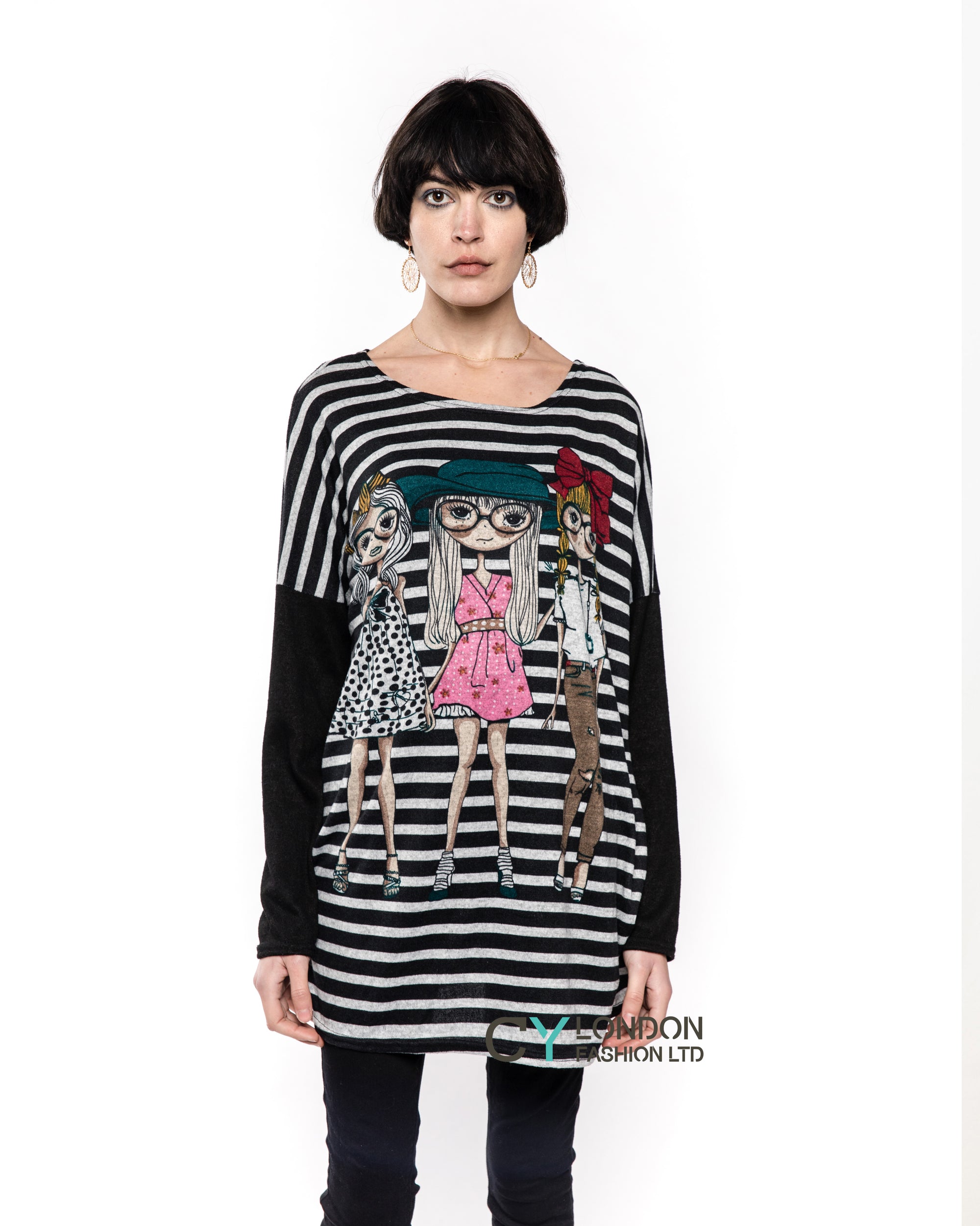 Pretty Girls &amp; Striped Print Batwing Knitted Jumper