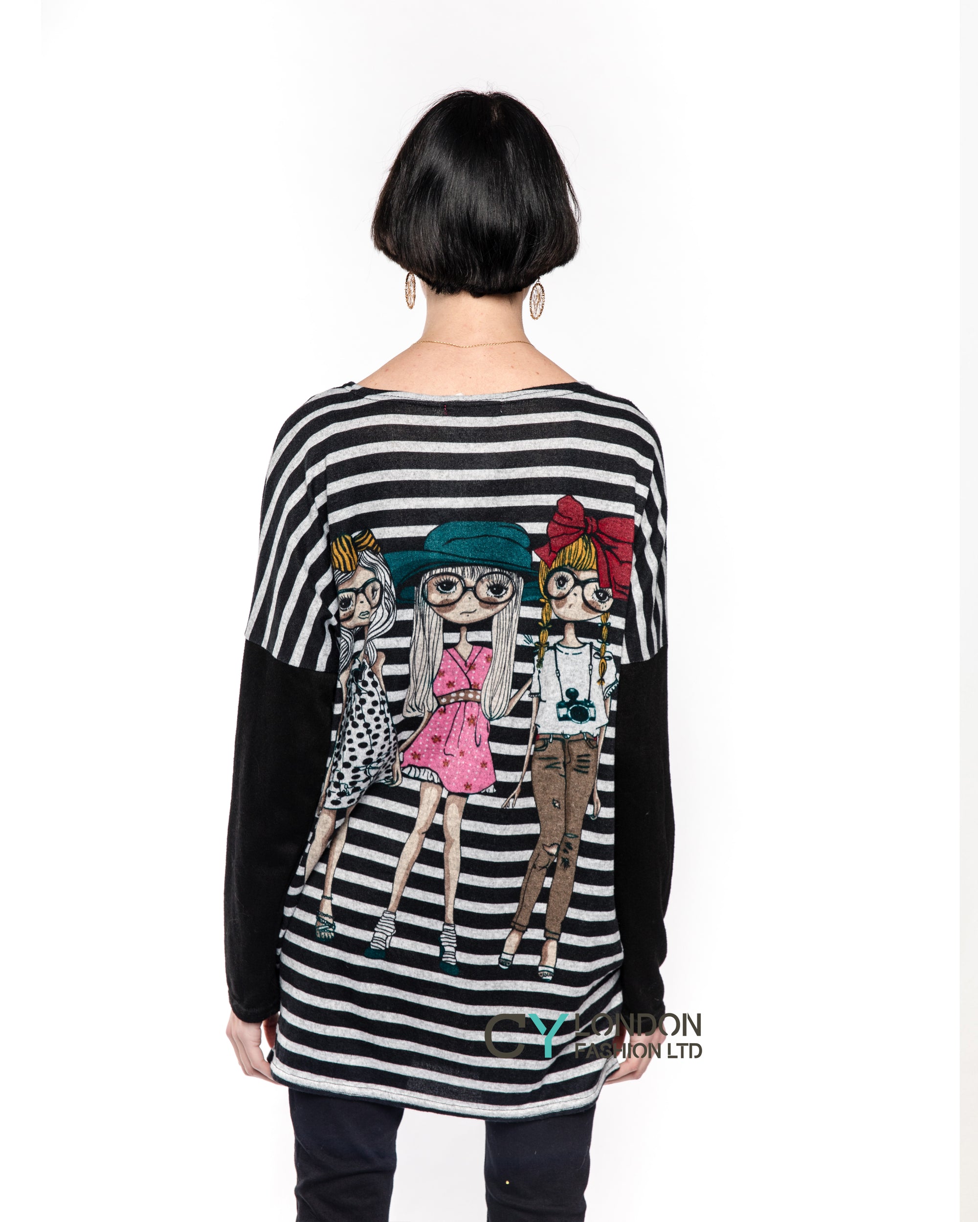 Pretty Girls &amp; Striped Print Batwing Knitted Jumper