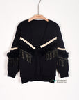 Black Cropped Cardigan with Tassel Fringe & Faux Fur