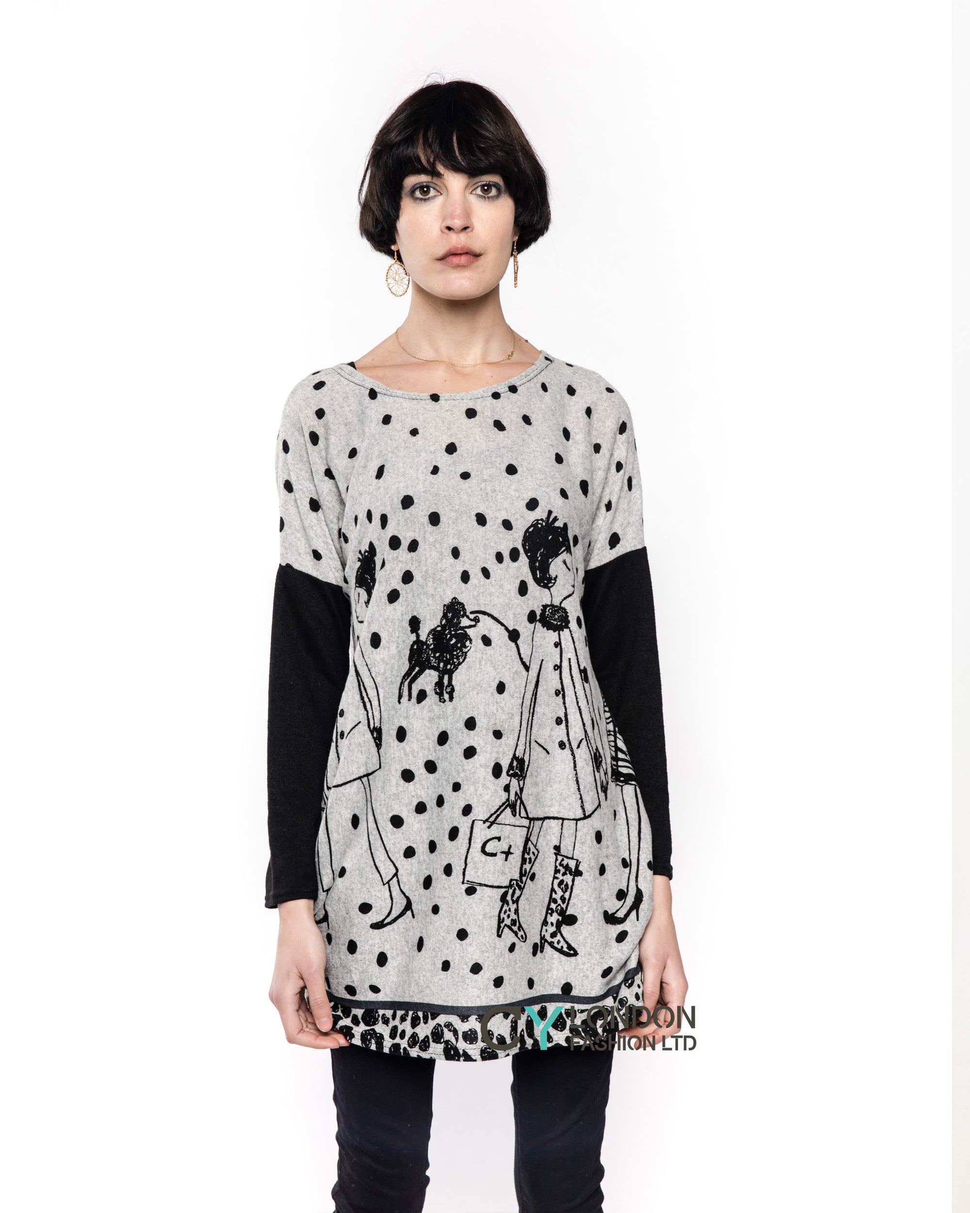 Polka dot and walking doggy print oversized jumper top