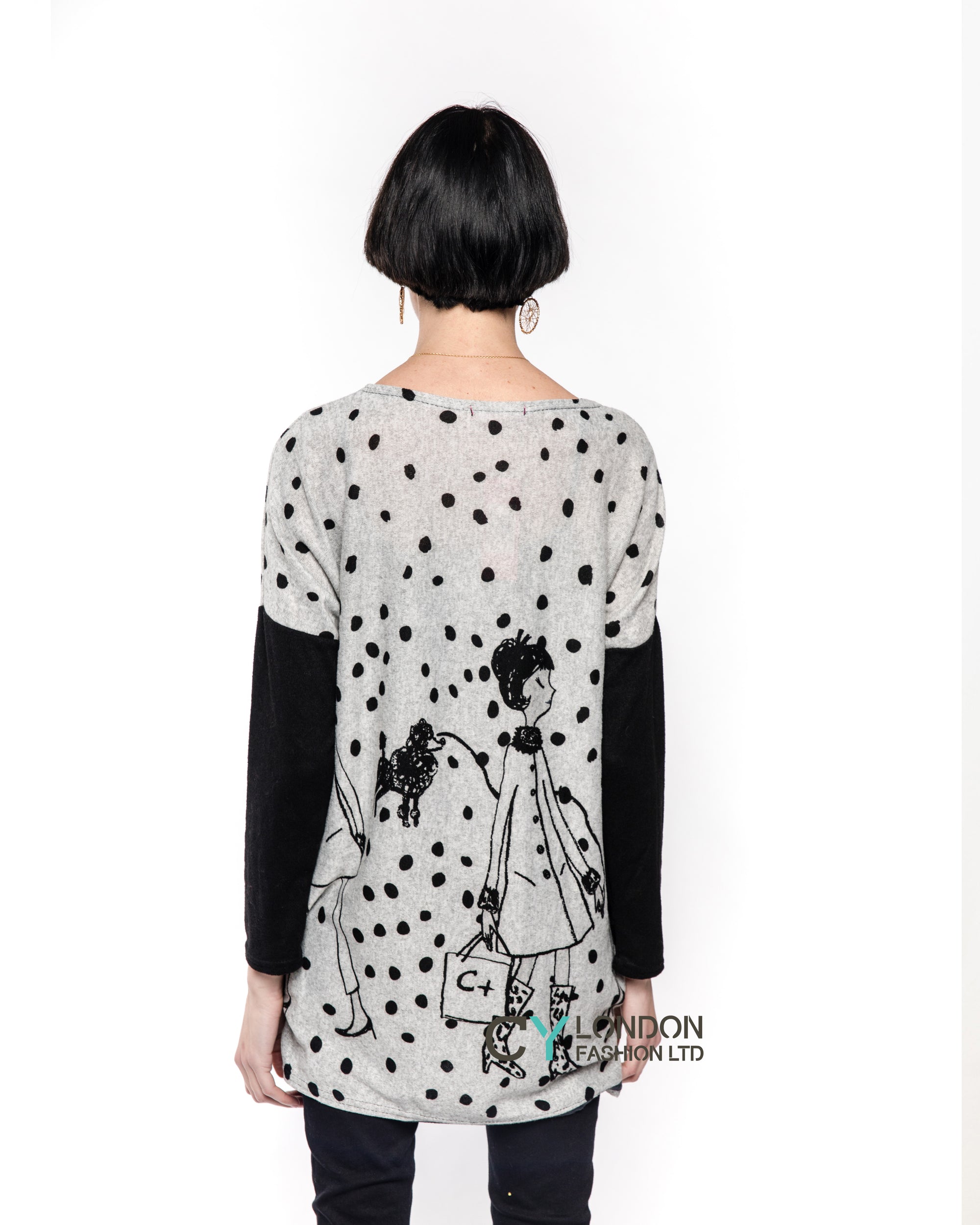 Polka dot and walking doggy print oversized jumper top