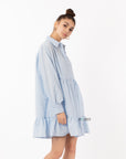 Blue color Oversized shirt dress in pop pattern fabric in ruffle hem design