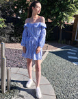 Eyelash Embroidery Blue Stripe Cold Shoulder Dress