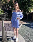 Eyelash Embroidery Blue Stripe Cold Shoulder Dress