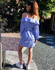 Eyelash Embroidery Blue Stripe Cold Shoulder Dress