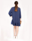 Long Sleeve Oversized Linen Shirt Dress in Navy Blue