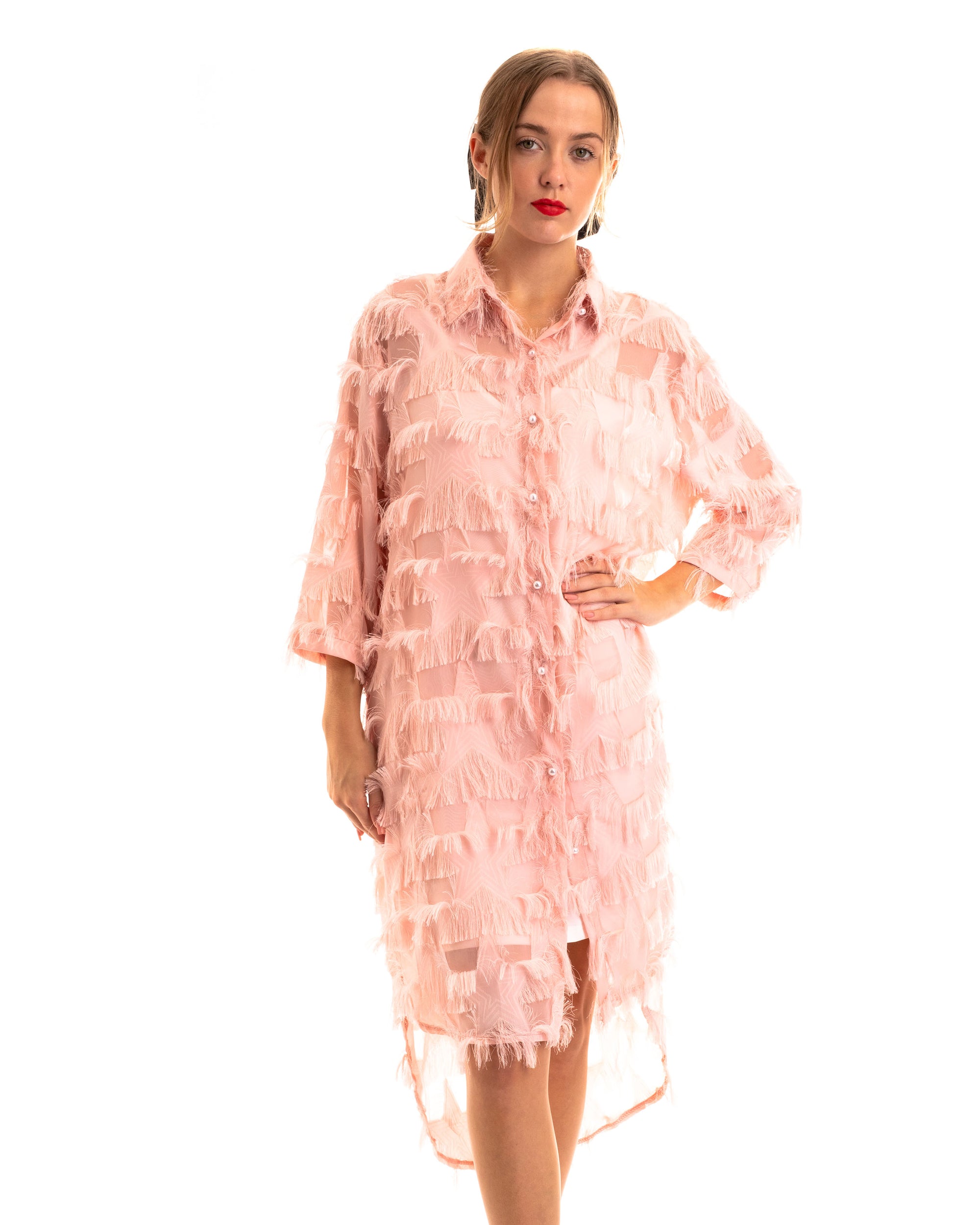 Feather look and star pattern shirt dress in pink