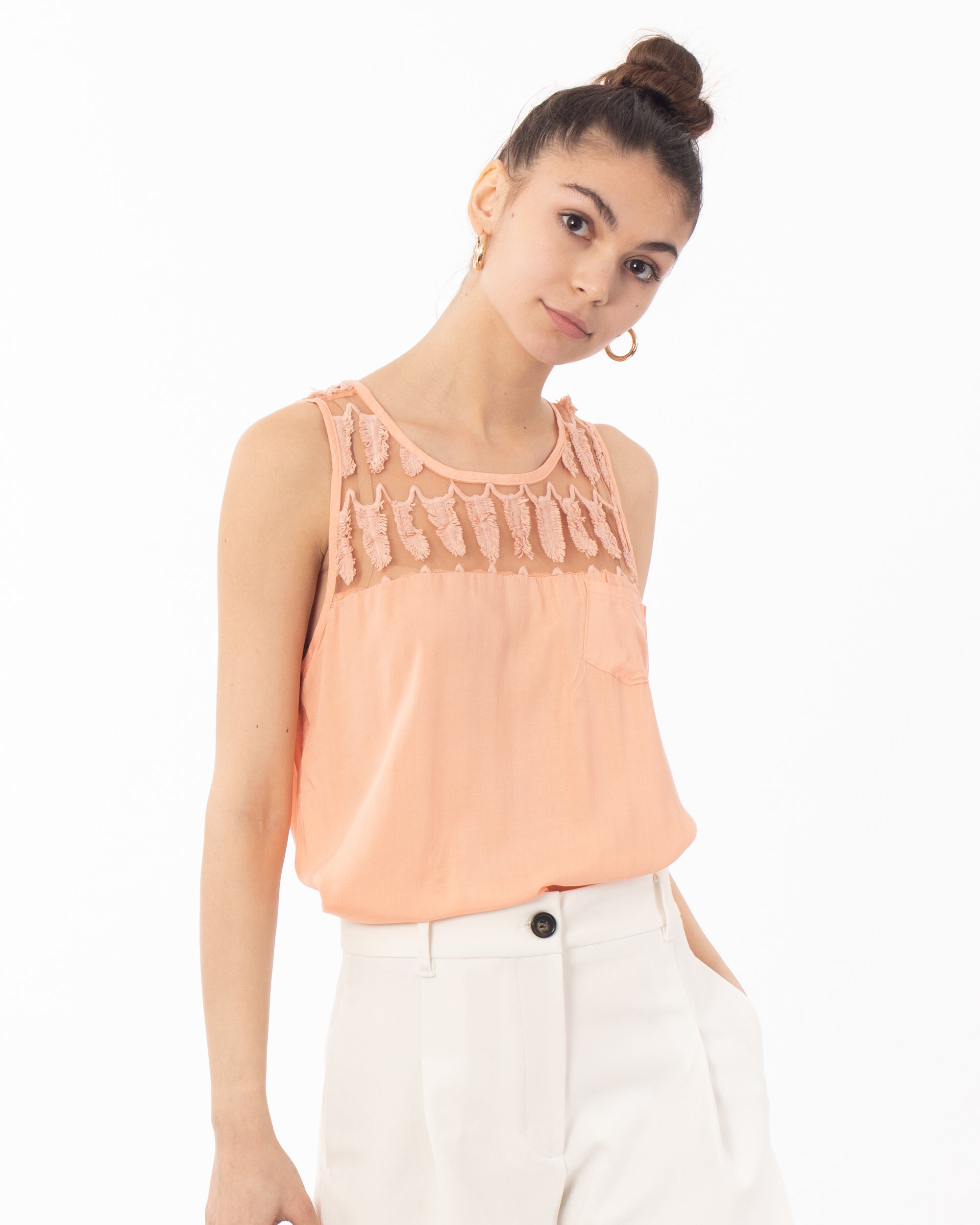 Feather Organza Cotton Vest Top (Peach)