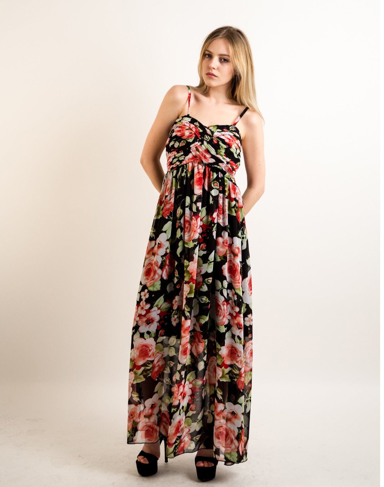 Printed Chiffon Maxi Dress KK6228 (RED FLORAL PRINT)