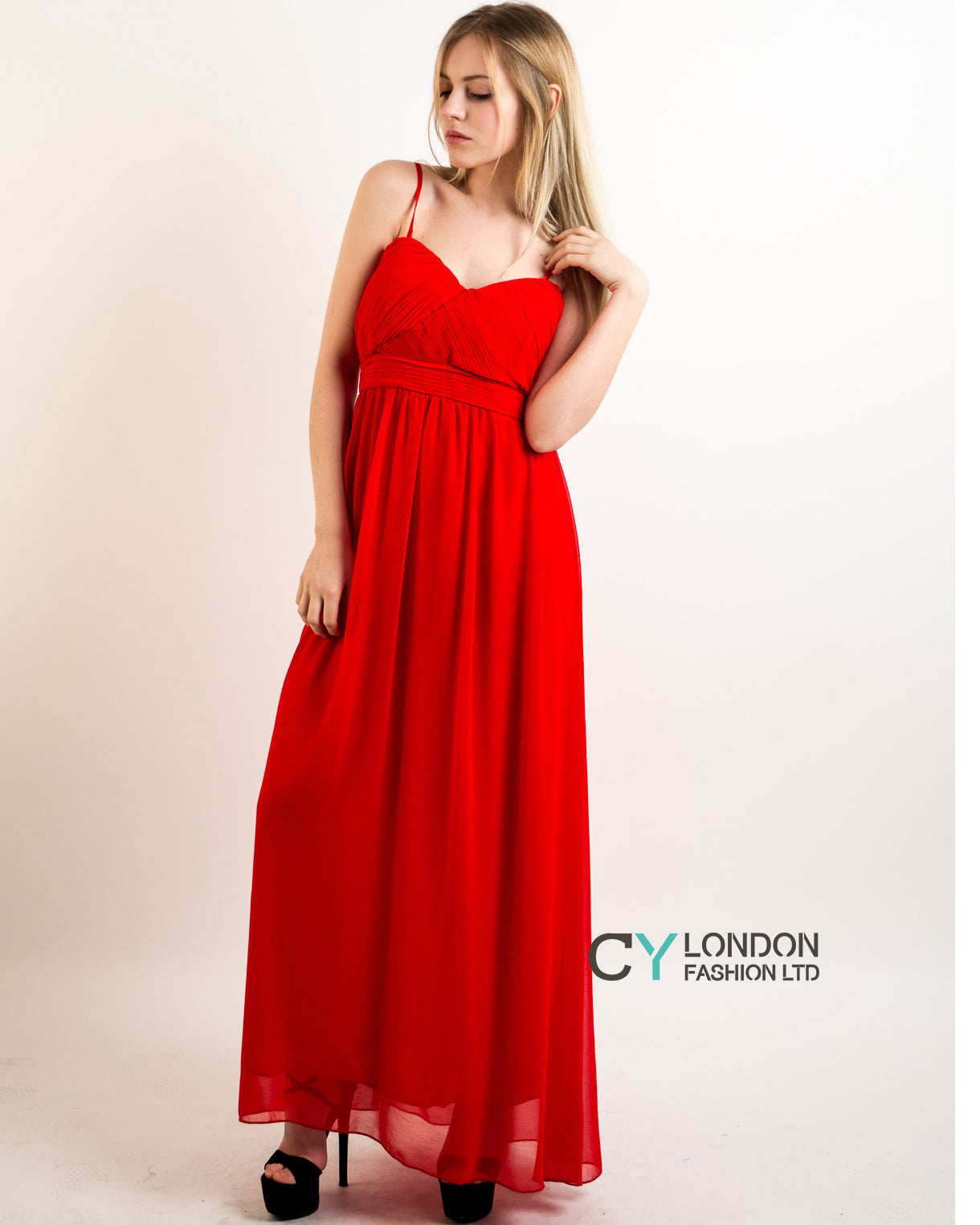 Pleated Bust  Maxi Dress (Red)