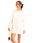 Multi faxu Pearl embellished design neckline long knit jumper dress in white