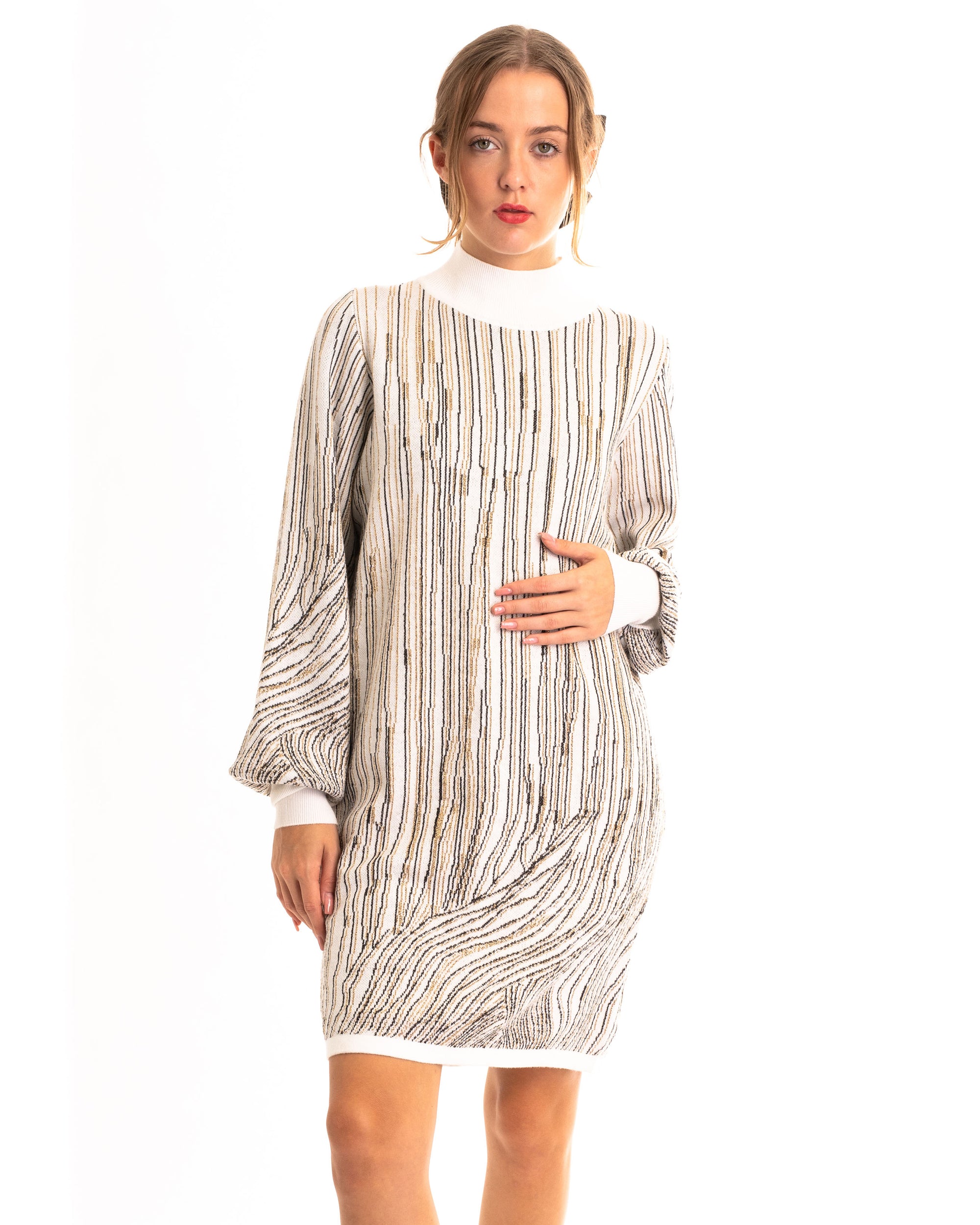 Gold metallic design long jumper dress in Cream