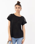 Stud Shoulder Print T-shirt (Black)