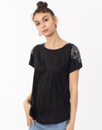 Stud Shoulder Print T-shirt (Black)