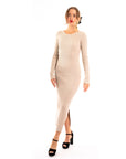 Ribbed midi Knit dress long sleeves in plain beige