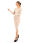 Ribbed midi Knit dress long sleeves in plain beige