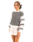 Multi layer ruffle sleeves black white color stripe jumper top