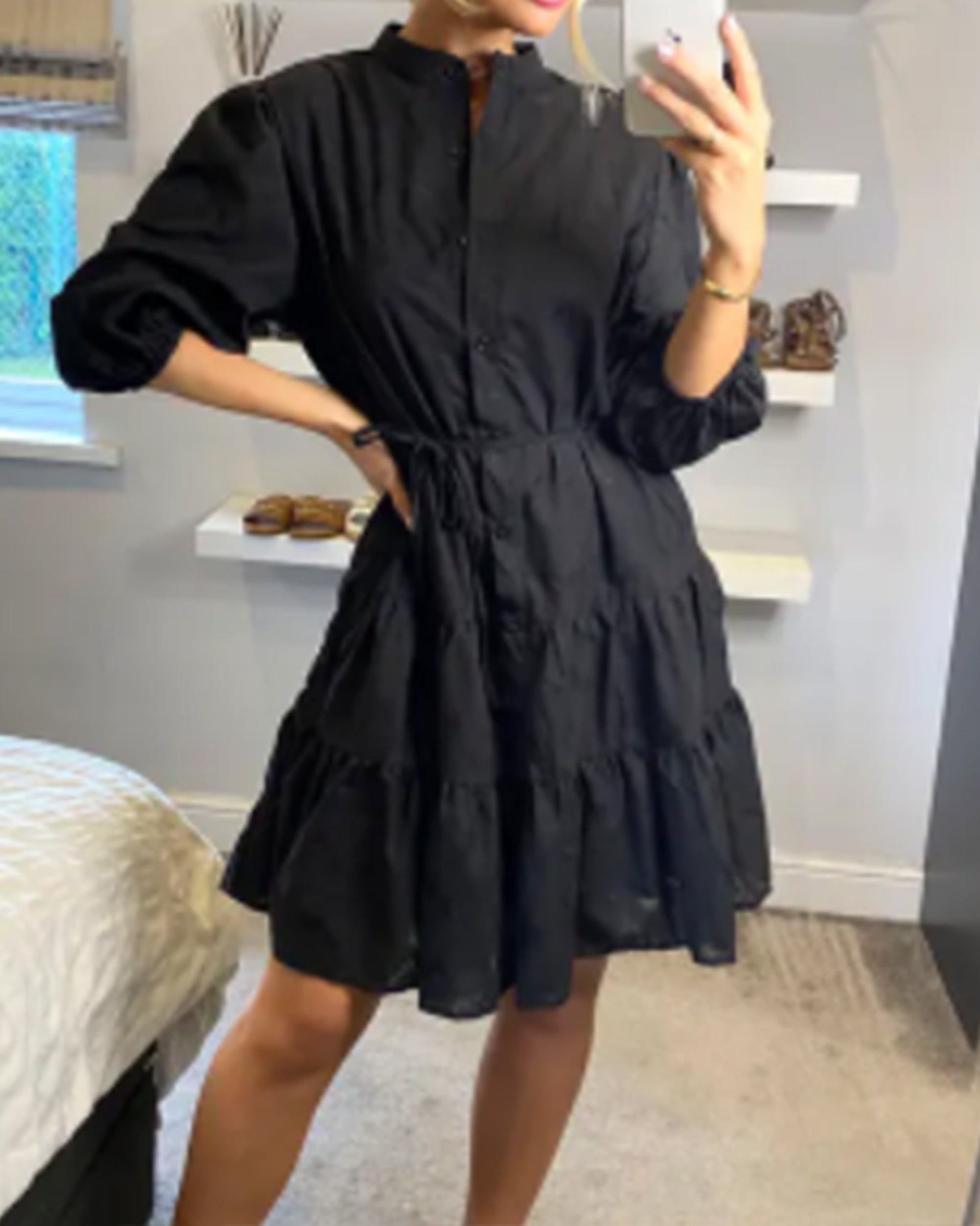 Leave&#39;s pattern shirt dress in black