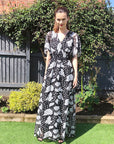 Floral Print Chiffon Wrap Maxi Dress (Black Rose)