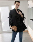 Oversized Ballon sleeves with tie up cotton blend shirt dress in black