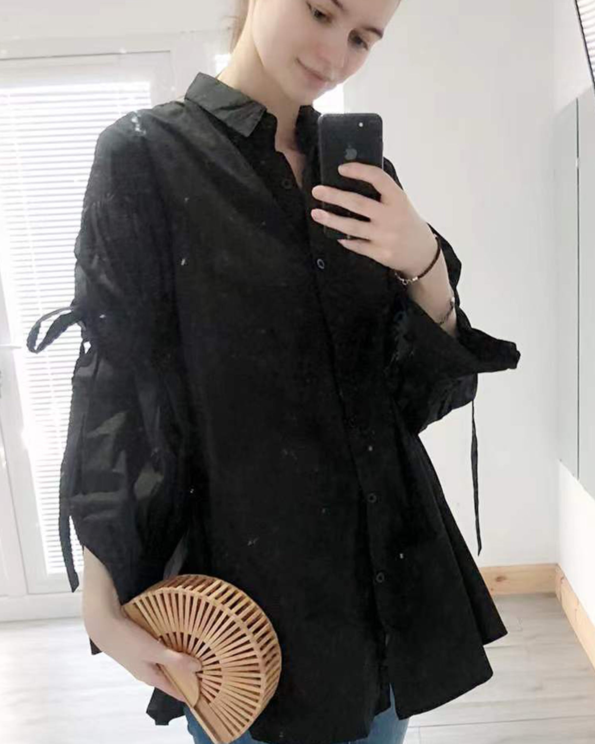 Oversized Ballon sleeves with tie up cotton blend shirt dress in black