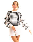 Multi layer ruffle sleeves black white color stripe jumper top