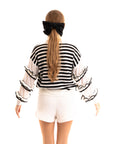 Multi layer ruffle sleeves black white color stripe jumper top