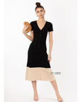 Soft Knitted Ribbed Midi Button down Bodycon Dress In Black Beige Contrast Design