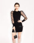 Black Bodycon Knit Dress with Polka Dot Organza Sleeves