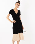 Soft Knitted Ribbed Midi Button down Bodycon Dress In Black Beige Contrast Design