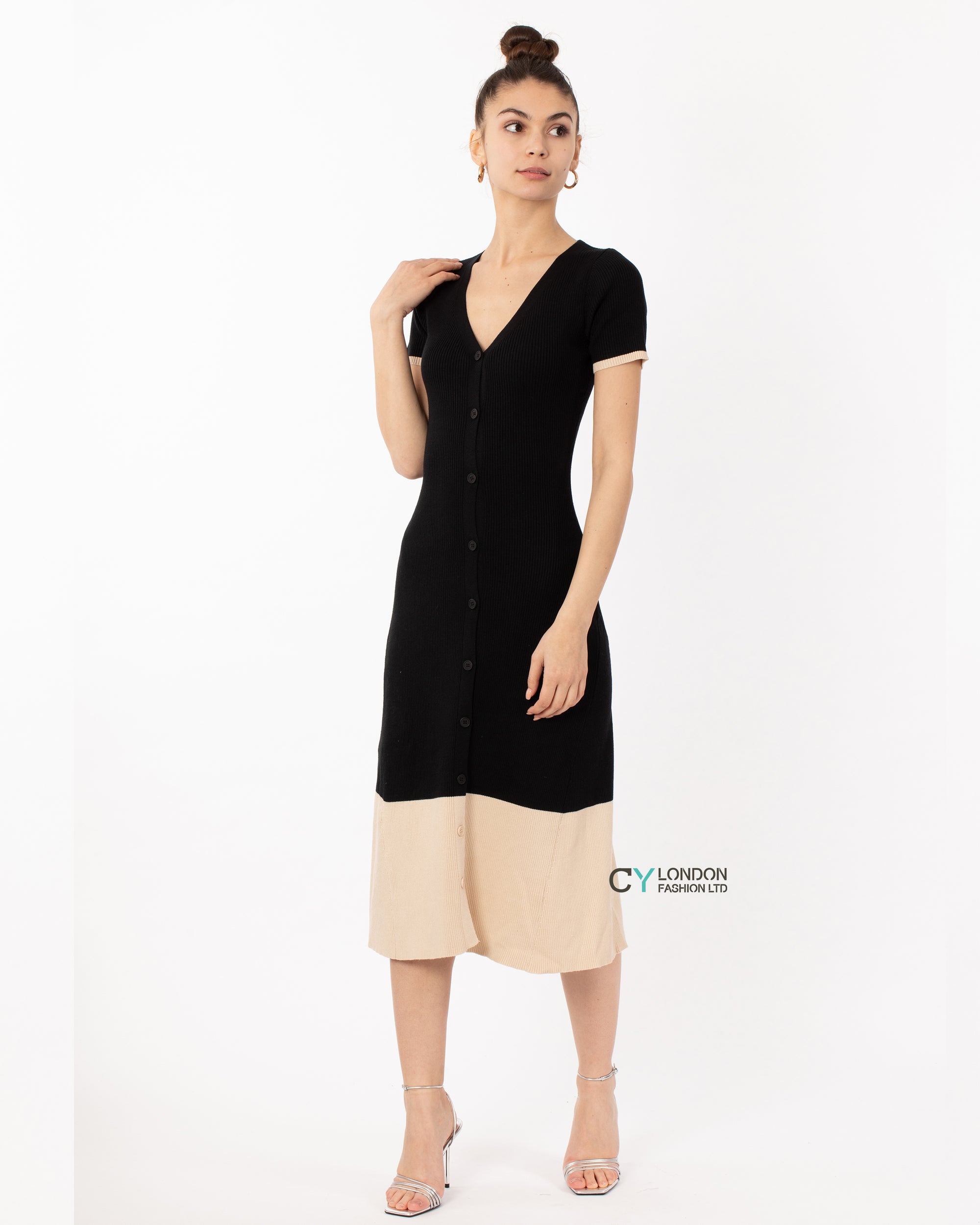 Soft Knitted Ribbed Midi Button down Bodycon Dress In Black Beige Contrast Design