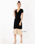 Soft Knitted Ribbed Midi Button down Bodycon Dress In Black Beige Contrast Design