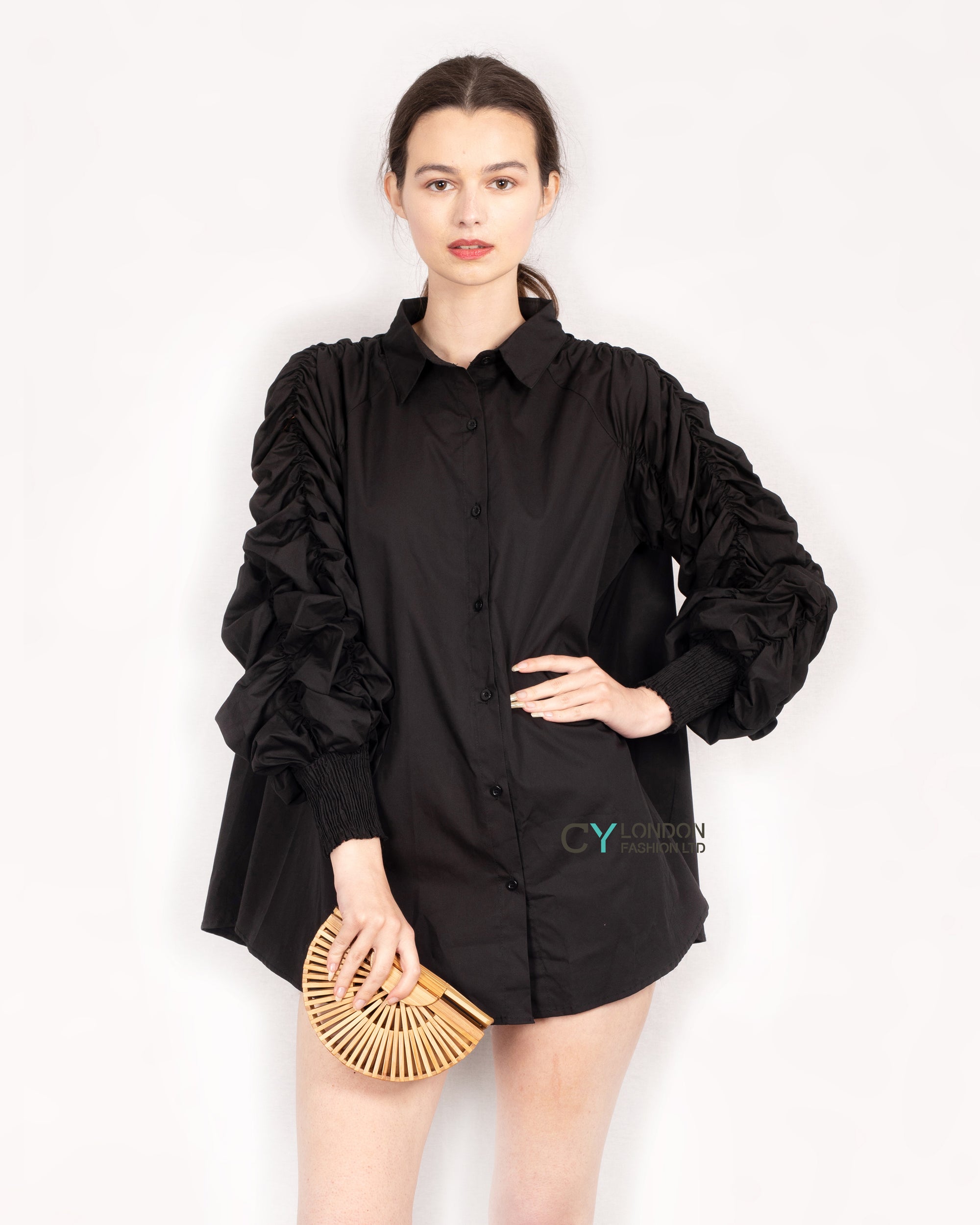 Cotton shirt with Ruched Sleeve in black