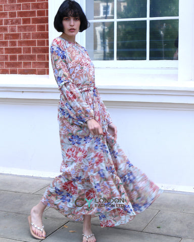 multi floral print elegant long maxi dress