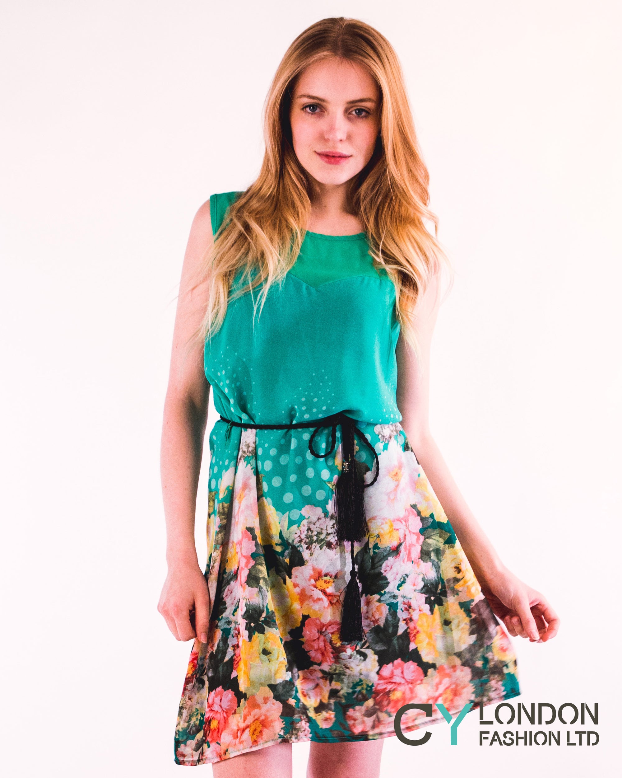 Floral Print Black Chiffon Dress (Green)