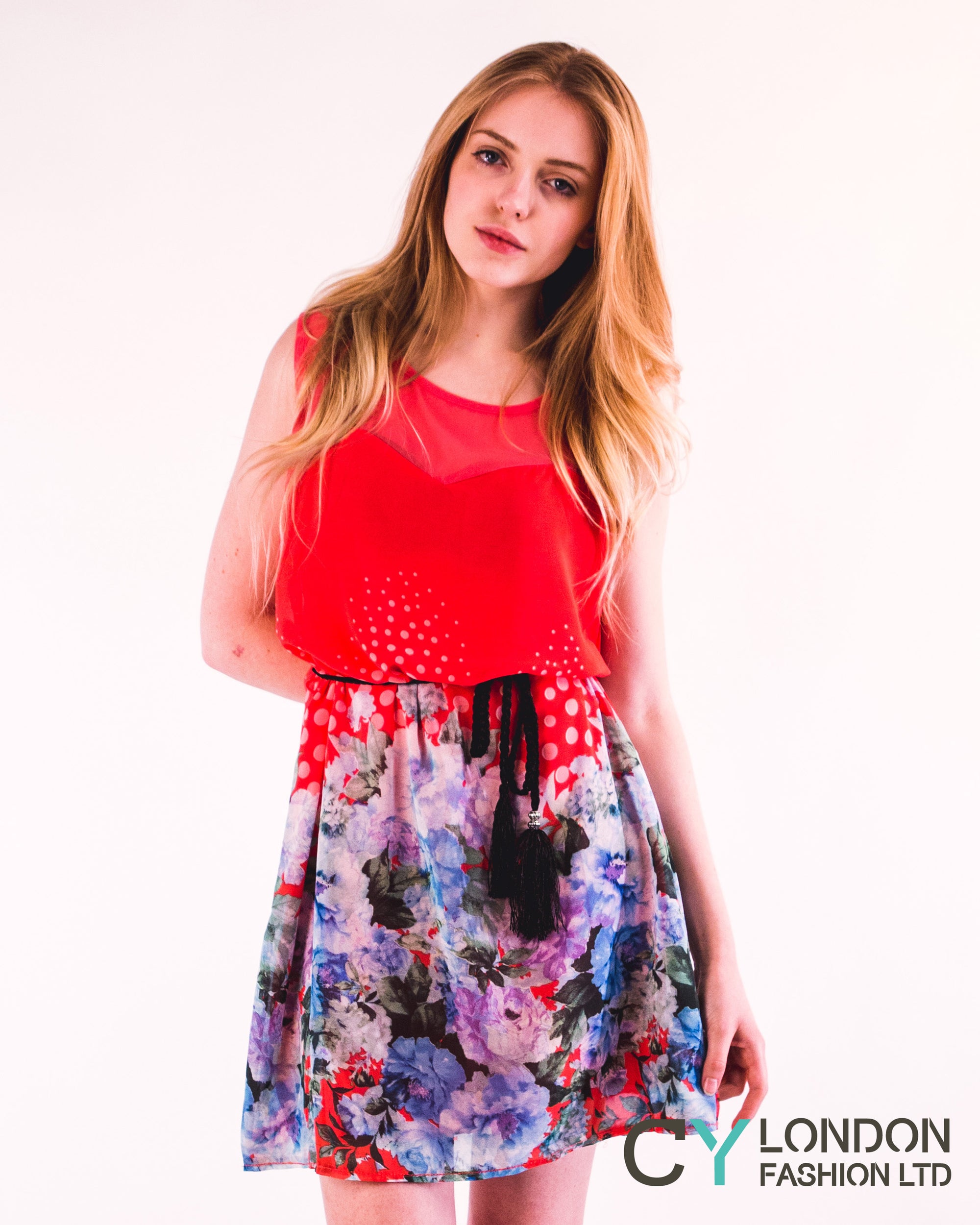 Floral Print Black Chiffon Dress (Red)