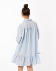 Blue color Oversized shirt dress in pop pattern fabric in ruffle hem design