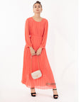 Pleated Long Maxi Dress in coral orange