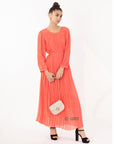 Pleated Long Maxi Dress in coral orange