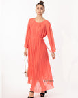 Pleated Long Maxi Dress in coral orange