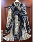 Black and Gold color Scarf print Full pleated Shirt dress