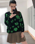 Fluffy Maple Leaves Print Neon Colour Jumper