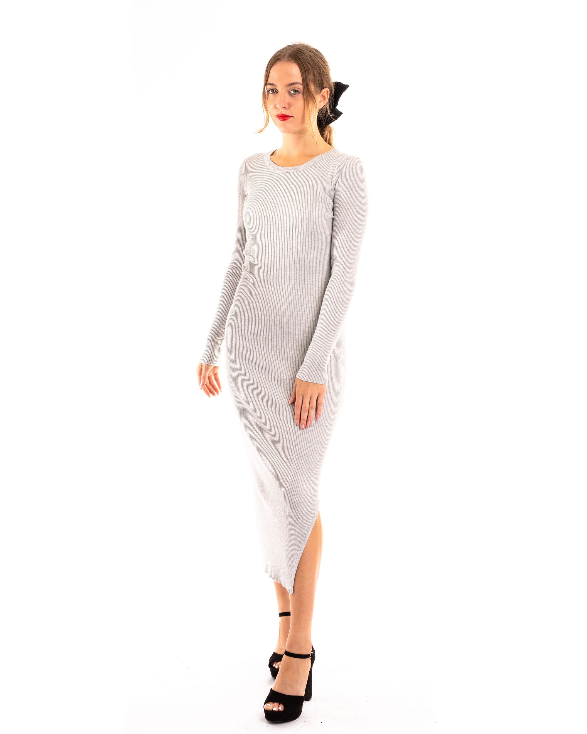 Ribbed midi Knit dress long sleeves in plain grey