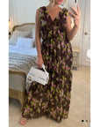 Chiffon Cross Wrap Maxi Dress Brown + Pink Floral