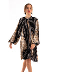 Black and Gold color Scarf print Full pleated Shirt dress