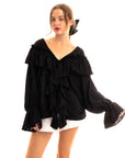 Front Frill detail long sleeves blouse top in black