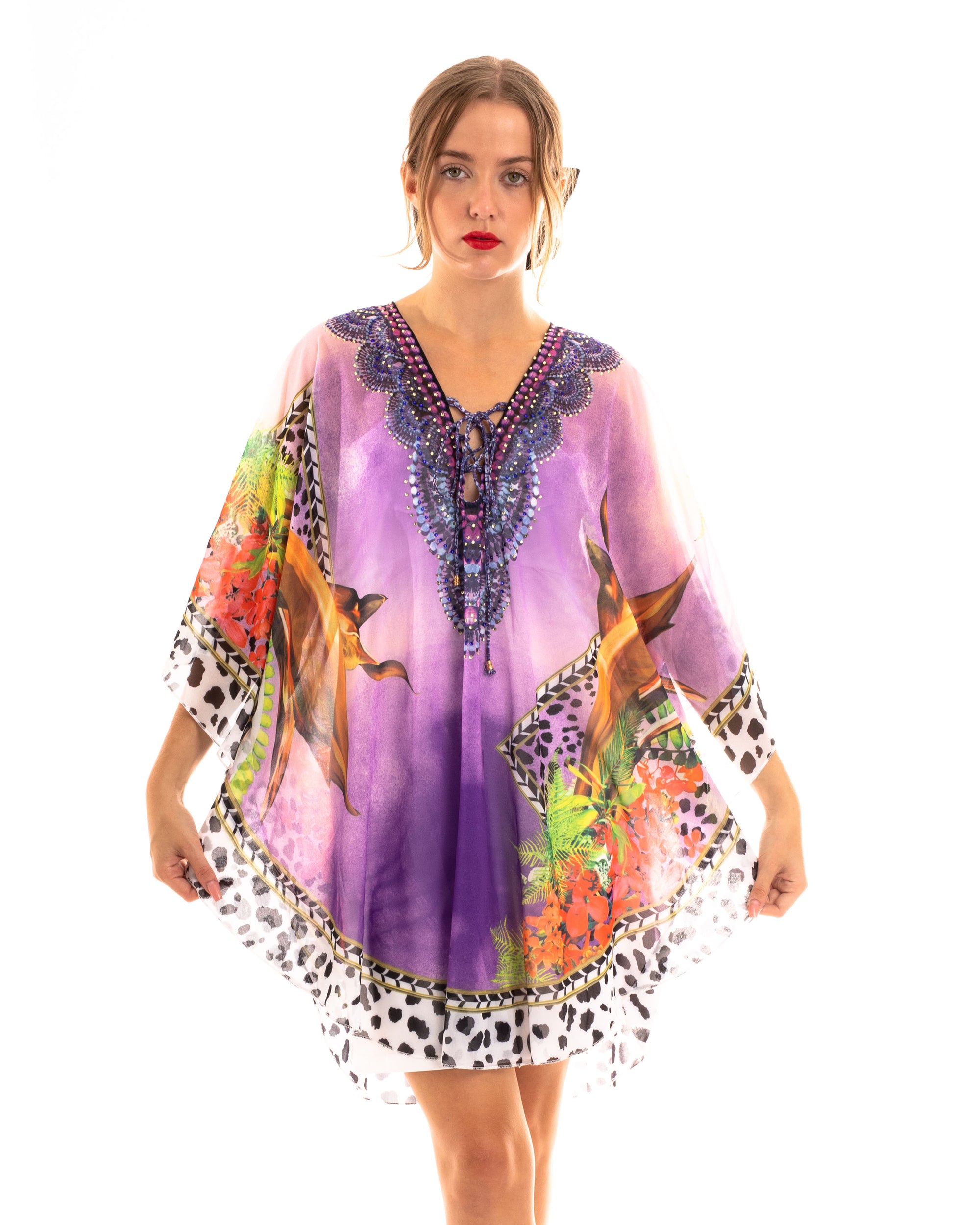 Leopard scarf print chiffon kaftan Top in purple